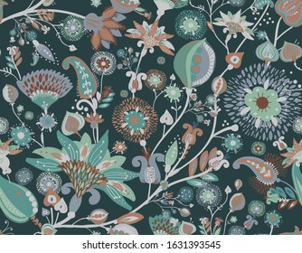 Modern pattern in the style of traditional oriental paisley patterns. Seamless pattern for textiles, wallpapers, covers and the like. Floral elements, hand drawing. Seamless background.