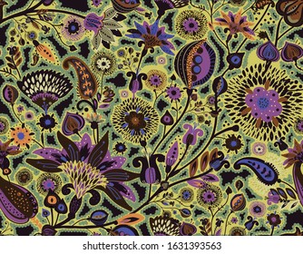 Modern pattern in the style of traditional oriental paisley patterns. Seamless pattern for textiles, wallpapers, covers and the like. Floral elements, hand drawing. Seamless background.