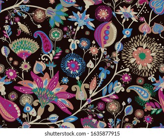 Modern pattern in the style of traditional oriental paisley patterns. Seamless pattern for textiles, wallpapers, covers and the like. Floral elements, hand drawing. Seamless background.