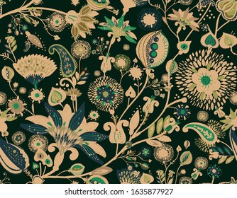 Modern pattern in the style of traditional oriental paisley patterns. Seamless pattern for textiles, wallpapers, covers and the like. Floral elements, hand drawing. Seamless background.