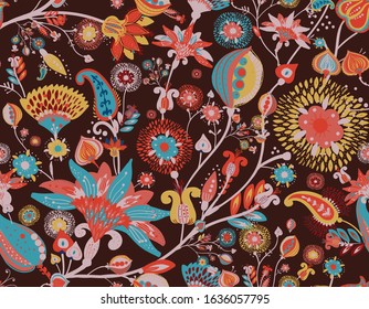 Modern pattern in the style of traditional oriental paisley patterns. Seamless pattern for textiles, wallpapers, covers and the like. Floral elements, hand drawing. Seamless background.
