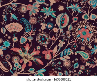 Modern pattern in the style of traditional oriental paisley patterns. Seamless pattern for textiles, wallpapers, covers and the like. Floral elements, hand drawing. Seamless background.