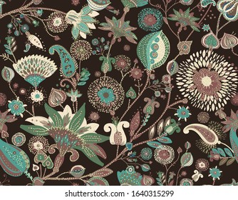 Modern pattern in the style of traditional oriental paisley patterns. Seamless pattern for textiles, wallpapers, covers and the like. Floral elements, hand drawing. Seamless background.