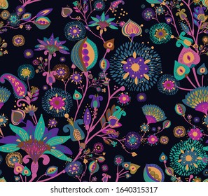 Modern pattern in the style of traditional oriental paisley patterns. Seamless pattern for textiles, wallpapers, covers and the like. Floral elements, hand drawing. Seamless background.