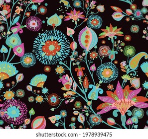Modern pattern in the style of traditional oriental paisley patterns. Seamless pattern for textiles, wallpapers, covers and the like. Floral elements, hand drawing. Seamless background.