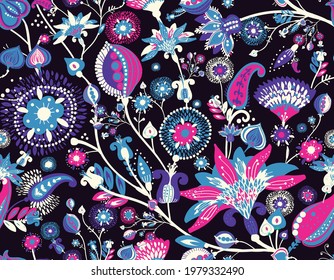 Modern pattern in the style of traditional oriental paisley patterns. Seamless pattern for textiles, wallpapers, covers and the like. Floral elements, hand drawing. Seamless background.
