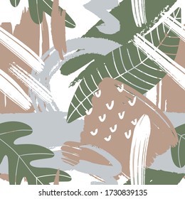 Patrón moderno con hojas tropicales. Diseño abstracto para papel, cubiertas, tarjetas, tejidos, elementos interiores y otros usuarios. Ilustración vectorial.