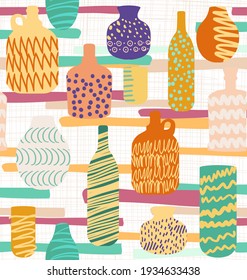 modern pattern with vases, jars and bottles on checkered background and strokes. pattern for textiles and decoration