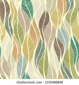 modern pattern vector with leaves, bright colorful wavy lines backdrop, seamless textures, fashion design