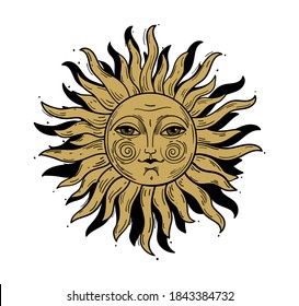 Modern pattern in vintage style, the sun with a face, engraving.