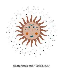 Modern pattern in vintage style, the sun with a face, engraving. Celestial illustration of sun with face and opened eyes, stylized drawing, tarot card. Mystical colorful sun.