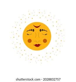 Modern pattern in vintage style, the sun with a face, engraving. Celestial illustration of sun with face and opened eyes, stylized drawing, tarot card. Mystical colorful sun.