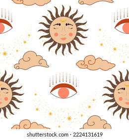 Modern pattern in vintage style, the sun with a face, engraving. Celestial illustration of sun with face and opened eyes, stylized drawing, tarot card. Mystical colorful sun.