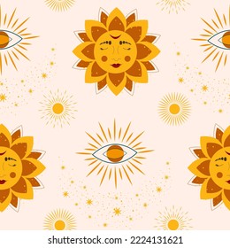 Modern pattern in vintage style, the sun with a face, engraving. Celestial illustration of sun with face and opened eyes, stylized drawing, tarot card. Mystical colorful sun.
