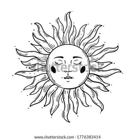 Modern pattern in vintage style, the sun with a face, stylized drawing, engraving. Vintage mystical boho design, logotype, tattoo. Vector illustration isolated on white.