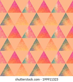 Modern pattern with watercolor triangles. Seamless texture in hipster style. Stain splatter grunge geometry design for print. 