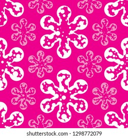 The modern pattern of white and pink snowflakes. Snowing seamless pattern. Magenta background. Vector drawing repeat pattern. Endless wallpaper style. 