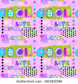 modern patterns with geometric elements in the style of scrabble for teenagers and the fashion industry as well as surface designs with inscriptions in bright colors