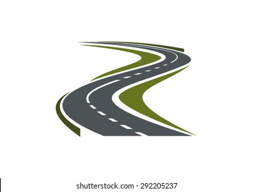 Modern paved road or highway symbol with hairpin curve disappearing into the distance for car trip or transportation design