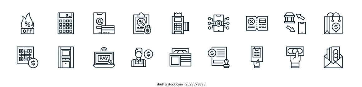 Perfecto para diseños de interfaz de usuario lineal con sueldo de Vector, efectivo, lista, sello, billetera, cajero, pago y más iconos para App móviles y de Web.
