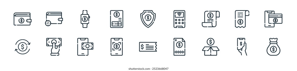 Perfecto para diseños de interfaz de usuario lineal con moneda de Vector, pago móvil, devolución de dinero, Comprobante, ticket, seguridad de pago, dinero en línea y más iconos para App móviles y de Web.