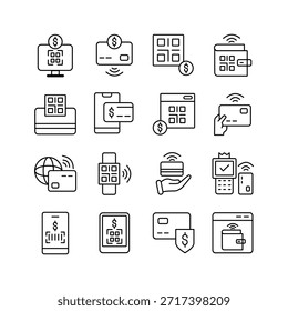 Conjunto de iconos de pago modernos para billetera digital, código QR y transacción sin efectivo