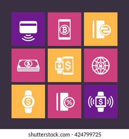 modern payment methods icons on color squares, payment with wearable devices vector pictogram, contactless card, vector illustration