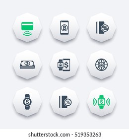 modern payment methods icons on octagon shapes, contactless card, payment with wearable devices, vector illustration