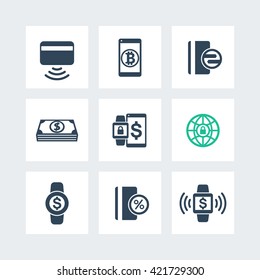 modern payment methods icons set, payment with wearable devices vector sign, contactless card pictogram isolated on white, vector illustration