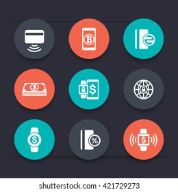 modern payment methods round icons, payment with wearable devices, vector illustration