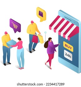 Modern payment mobile device, internet web convenience store, remote sale clothes, goods stuff 3d isometric vector illustration, isolated on white.