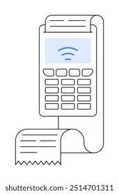Modern payment terminal with a printed receipt and blue wireless connectivity symbol on the screen. Ideal for retail stores, small businesses, payment processing, technology, and financial transaction