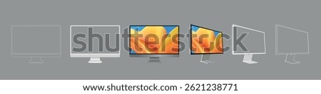 Modern pc computer mockup collection. Set white mockup technology devices with white empty display.