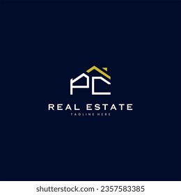 modern PC letter real estate logo in linear style with simple roof building in blue