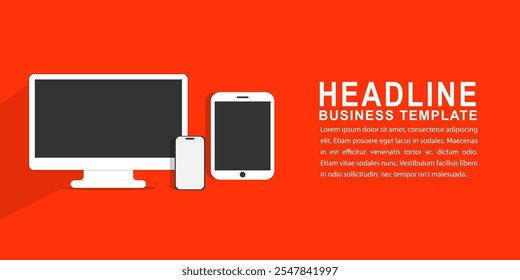Modern pc mockup with text space background, smartphone  mockup isolated on red background. computer mockup and phone device mockup for ui ux app and website presentation.Stock Vector.