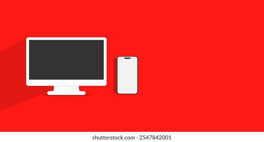Modern pc mockup with text space background, smartphone  mockup isolated on red background. computer mockup and phone device mockup for ui ux app and website presentation.Stock Vector.