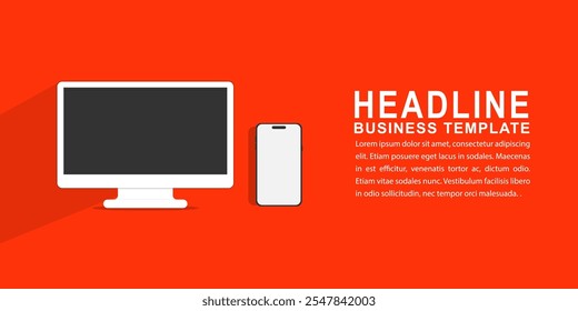 Maqueta moderna de la PC con el fondo del espacio del texto, maqueta del smartphone aislada en el fondo rojo. maqueta de la computadora y maqueta del dispositivo del teléfono para el App de ui ux y la presentación del Sitio web. Vector de stock.
