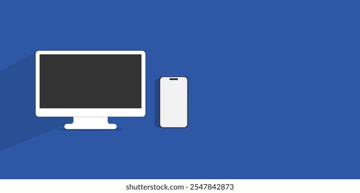 Modern pc mockup with text space background, smartphone tablat mockup isolated on blue background. computer mockup and phone device mockup for ui ux app and website presentation.Stock Vector.