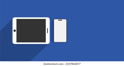 Modern pc mockup with text space background, smartphone tablat mockup isolated on blue background. computer mockup and phone device mockup for ui ux app and website presentation.Stock Vector.