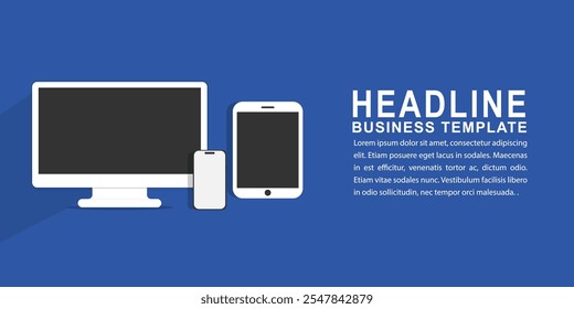 Modern pc mockup with text space background, smartphone tablat mockup isolated on blue background. computer mockup and phone device mockup for ui ux app and website presentation.Stock Vector.