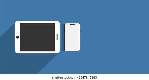 Modern pc mockup with text space background, smartphone tablat mockup isolated on blue background. computer mockup and phone device mockup for ui ux app and website presentation.Stock Vector.