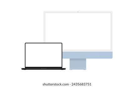 Modern PC Mockups With Blank Screens: Blue Monitor And Black Laptop. Vector Illustration