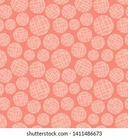 Modern peach and white colored grid textured circles on warm pink background. Seamless abstract vector pattern. Perfect as a texture for wellness, cosmetic products, fabric, stationery packaging