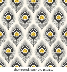 Modern Peacock Feather with Gold Heart Accent Decorative Vector Seamless Pattern