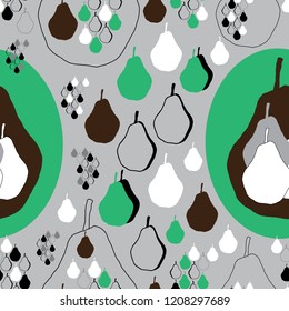 Modern Pear-Fruit Delight seamless Repeat Pattern illustration .Background in Green Black and White.Delicate Pattern Background. Surface pattern Design, Perfect for Fabric, Scrapbook, wallpaper.