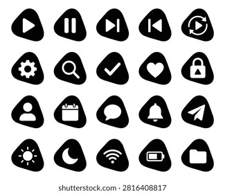 Modern pebble UI icons collection. Clean vector user interface and mobile app white symbols set inside rounded triangular black shapes isolated on white background for web design.