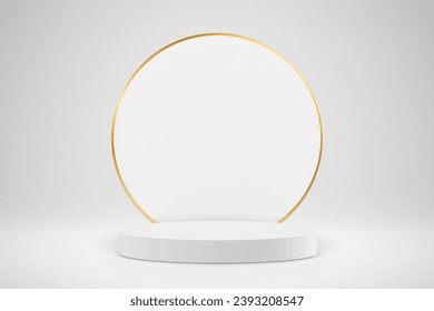 Modernes Podest und moderne Plattform, leeres weißes Rundpodium mit goldenem Kreis, Standbühne, Zylinder, runde leere Stufen und Podiumtreppe 3D-Vorlage für die Produktpräsentation, Preise - Stock-Vektorgrafik