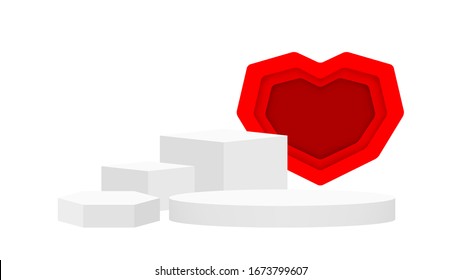 modern pedestal stage white grey and luxurious red heart shaped frame backdrop, stage podium 3d for cosmetics product luxury display show, pedestal stand deluxe, ornate pedestal for award and success