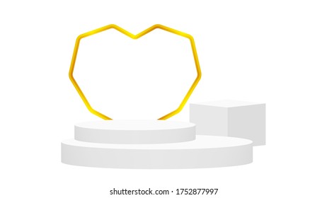 modern pedestal stage white grey and luxurious gold heart shaped frame backdrop, stage podium 3d for cosmetics product luxury display show, pedestal stand deluxe, ornate pedestal for award and success