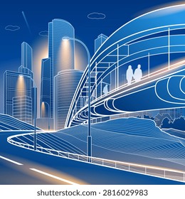 Modern pedestrian bridge connecting a contemporary business district with illuminated skyscrapers at night. Blue outline vector illustration of urban architecture, public space and smart city infrastructure.